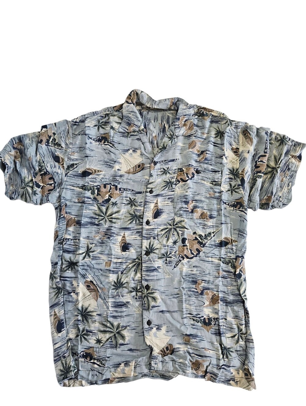 Vintage Bugle Boy Hawaiin Shirt Light Blue Tropical Print Short Sleeve Shirt L